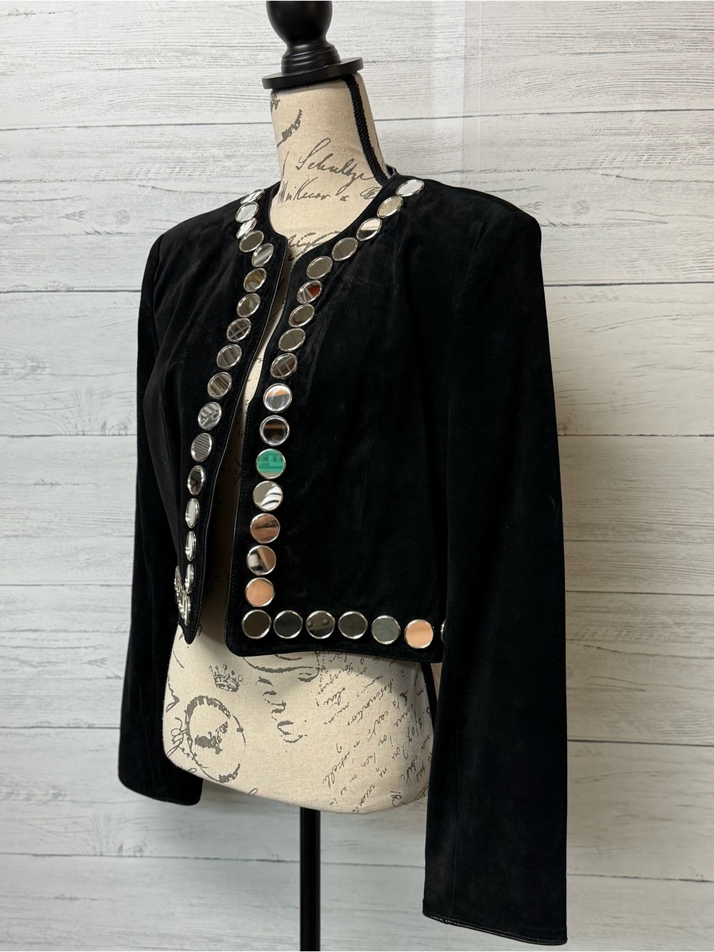 Vintage Black Leather Mirror-Stud Cropped Blazer Jacket by ISABEL USA